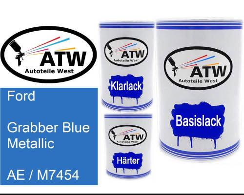 Ford, Grabber Blue Metallic, AE / M7454: 500ml Lackdose + 500ml Klarlack + 250ml Härter - Set, von ATW Autoteile West.